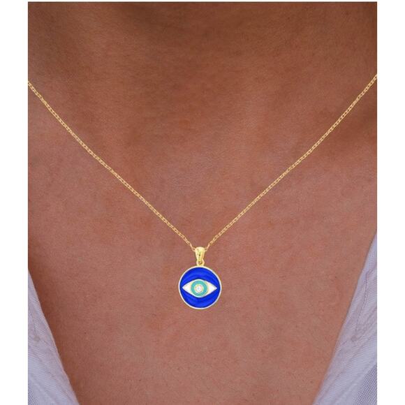 Macys Cubic Zirconia & Enamel Evil Eye Pendant Necklace 14k Gold Plated Silver - Picture 5 of 6